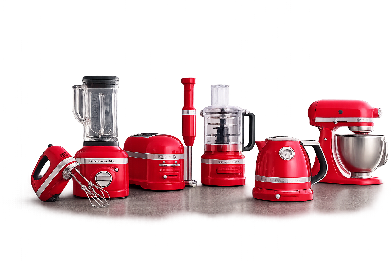 row of red kitchenaid appliances