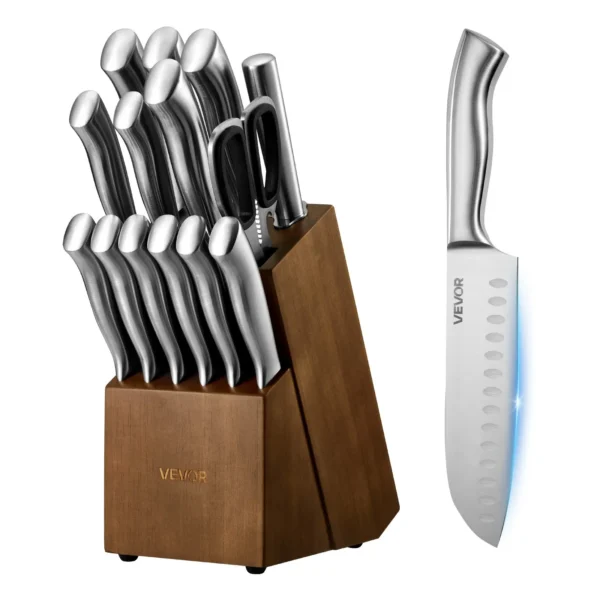 vevor stainless steel kitchen knife set with block and sharpener